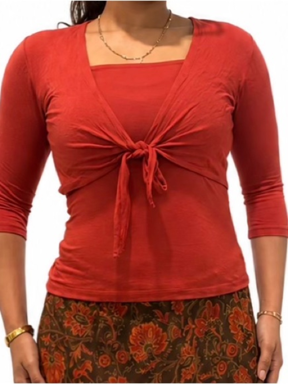 Women’s Burnt Orange Tie-Front Layered Top